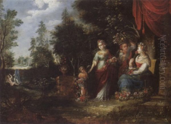 Blumenbeschmukte Grazien Und Putto In Weiter Landschaft - view 1
