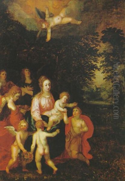 Maria Mit Dem Kind Und Johannesknaben Sowie Engeln In Einer Waldlandschaft - view 1