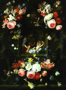 Bouquets De Fleurs Entourant Un Cartouche Representant La Vierge, L'enfant Jesus Et Des Anges