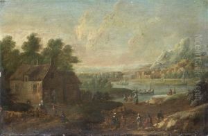 Figures Resting On The Banks Of A River, With Mountains In The Distance