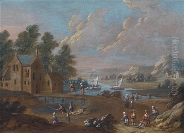 Flusslandschaft Mit Segelbooten Und Figurenstaffage - view 1