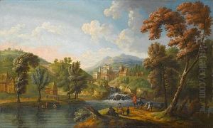 A River Landscape With Figures Resting Beside A Waterfall
