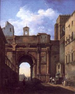 Vue D'un Arc Romain Anime De Personnages Aupres D'une Fontaine by Angelo Balestra