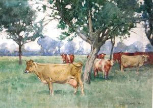 Study Of Cows In A Field Beneath Trees by William Dacre Adams