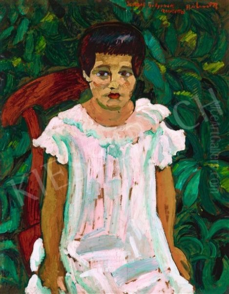 Girl In Front Of Green Leafs - view 1