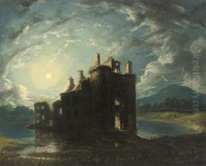 A Ruined Castle On A Loch By Moonlight by William Dacre Adams