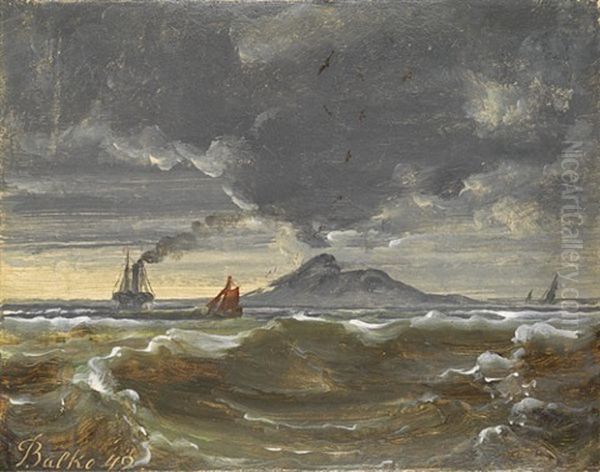 Dampbat Og Seilskip Utenfor Kysten - view 1