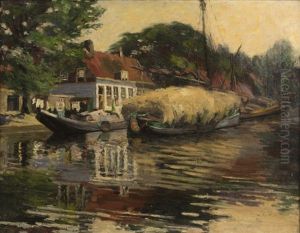 Docked Boats Along A River by Alice Worthington Ball