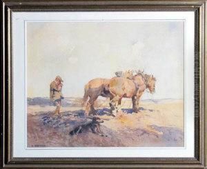 A Farmer With A Team Of Horses Harrowing A Field by Dorothy Adamson