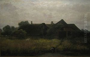 Boerinnetje Bij Het Ven Voor De Hoeve by Frans van Ballaer