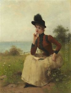 Jeune Femme Lisant Dans Un Paysage Maritime