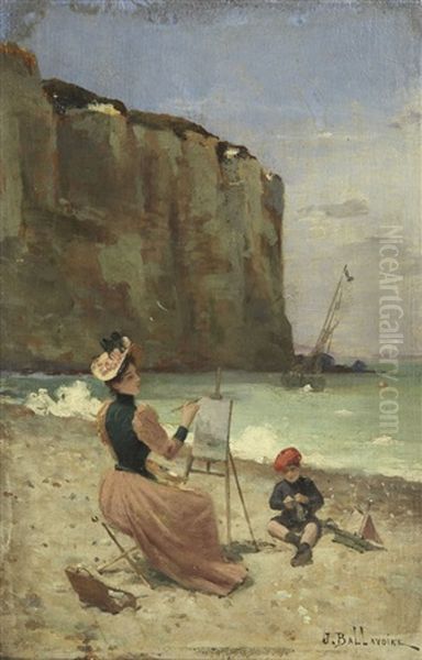 Mere A Son Chevalet Et Son Enfant, Aux Pieds Des Falaises - view 1