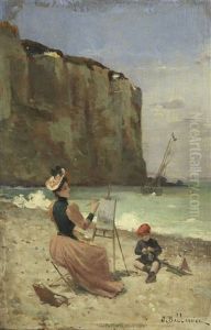 Mere A Son Chevalet Et Son Enfant, Aux Pieds Des Falaises