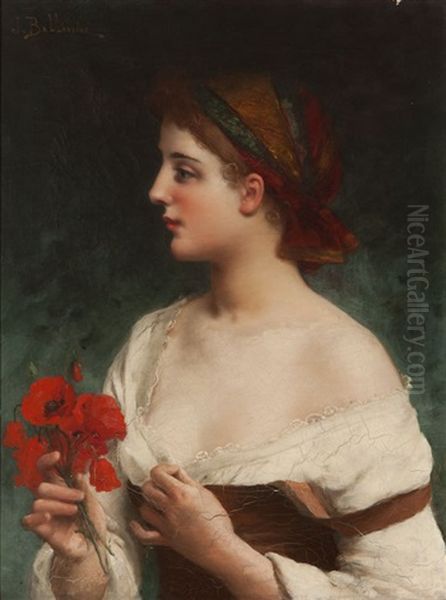 Portrait Of A Young Woman In Profile Holding Poppies - view 1
