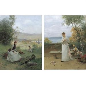 The Love Letter And Young Women Sitting In A Field (pair)