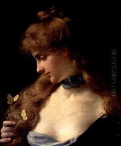 Portrait Of A Young Woman In Blue With Butterflies