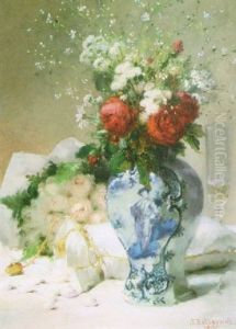 Still Life Of Flowers In A Delft Blue And White Vase