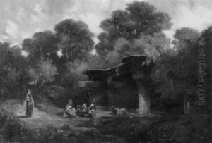 Waldlandschaft Mit Orientalischen Frauen Vor Einem Haus Waldlandschaft Mit Orientalischen Frauen Vor Einem Haus