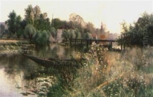 Flusslandschaft Mit Boot Und Schleuse Und Blick Auf Ein Haus
