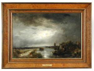 A Moonlit River Scene With Boats And A Windmill Beyond by George Balmer