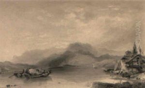 Figures In A Boat In An Alpine Lake Landscape by George Balmer