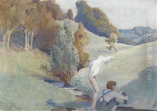 Sommerliche Bachlandschaft Mit Zwei Knaben - view 1