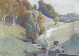 Sommerliche Bachlandschaft Mit Zwei Knaben by Paul Friedrich Wilhelm Balmer