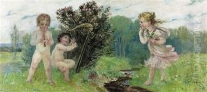 Idyllische Landschaft Mit Drei Kindern by Paul Friedrich Wilhelm Balmer