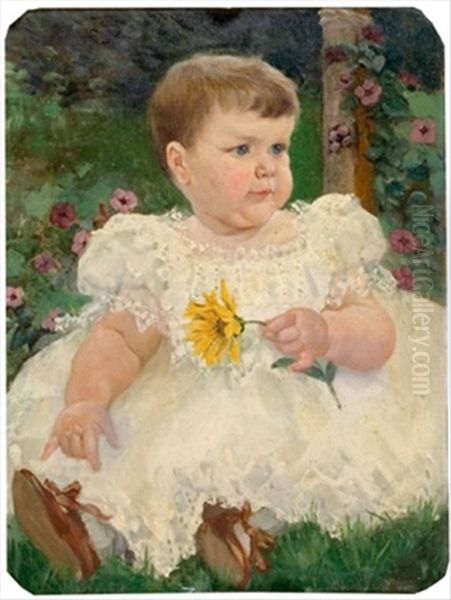 Kleinkind In Weisem Kleid Mit Gelber Blume - view 1