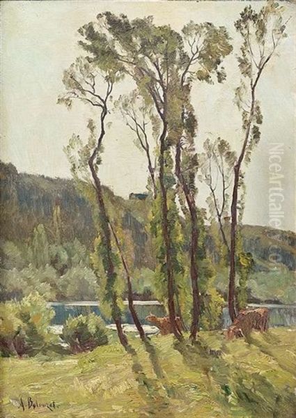 Sommerliche Flusslandchaft Mit Weidenden Kuhen - view 1