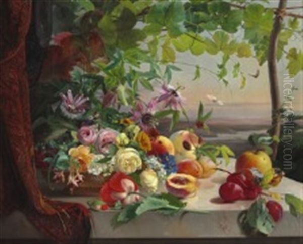 Still Life With Flowers And Fruit On A Stone Sill - view 1