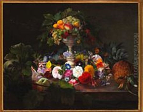 Still Life With Fruit And Foliage In A Centrepiece On A Sill With Flowers And Fruits - view 1