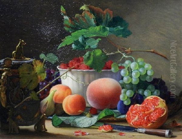 A Still Life Composition With Grapes, Raspberries, Peaches And Other Fruit On A Table Top - view 1