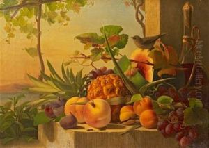 Still Life With Fruit, Landscape And A Bird