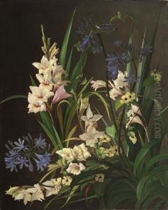Voksende Gladiolus I Forskellige Farver, Bla Agapantus Og Gule Snerler