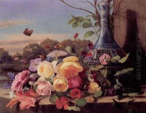 Opstilling Med Brogede Blomster Og Vase Pa En Stenkarm, I Baggrunden So Og Gronne Traeer