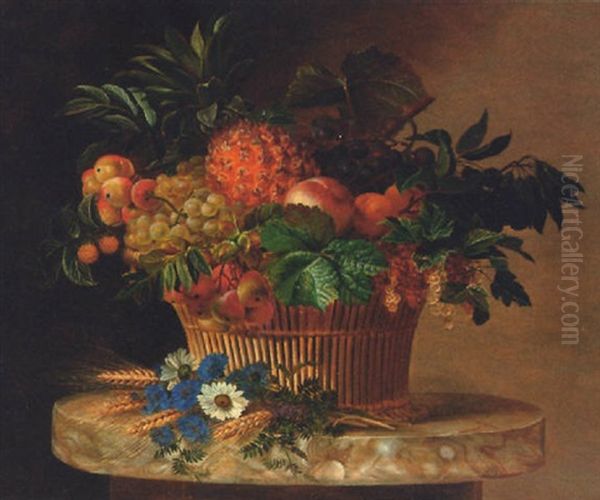 A Pineapple, Grapes, Peaches, Apricots, Pears And Redcurrants In A Wicker Basket - view 1