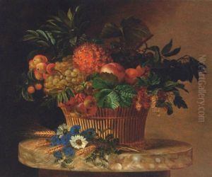 A Pineapple, Grapes, Peaches, Apricots, Pears And Redcurrants In A Wicker Basket by Carl Vilhelm Balsgaard