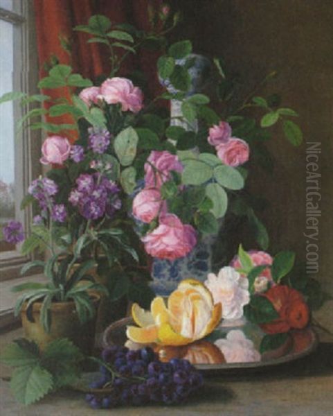 Blomsterstilleben Med Fruktfat - view 1