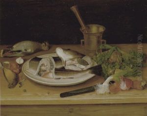 Nature Morte Med Torsk Pa Fad, Gulspurv, Skovskade, Log, Selleri Og Porrer