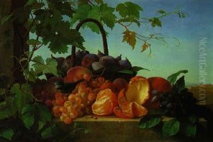 A Still Life With Oranges, Grapes, A Basket Of Figs, Peaches And A Chaffinch On A Stone Ledge In A Landscape by Carl Vilhelm Balsgaard