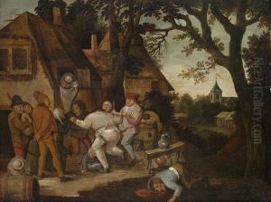 Riotous Party With Vomiting Figure In The Foreground And Market With Church In The Background by Pieter Balten