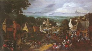 Kermesse Villagoise Avec En Fond Une Vue De La Ville D'anvers
