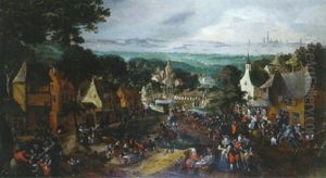 Kermesse Villageoise Avec Dans Le Fond Une Vue De La Ville D'anvers