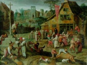 Peasants Dancing Outside A Tavern, Trinket Seller And Children In Foreground, Market On Village Square Beyond by Pieter Balten