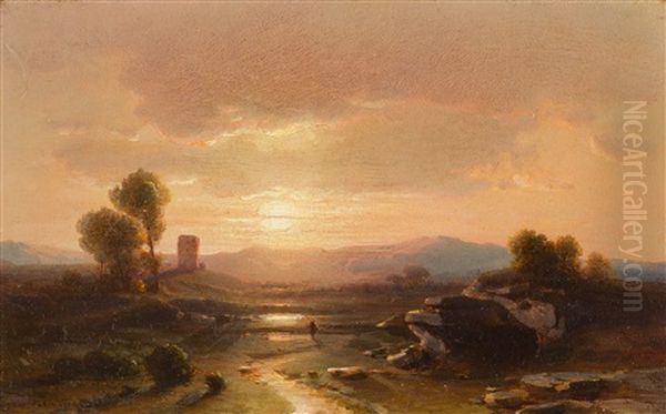 Flusslandschaft Mit Wanderer Bei Untergehender Sonne - view 1