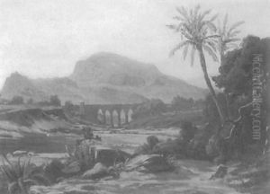 Spanische Landschaft Mit Aquadukt Und Palmen by Fritz Bamberger