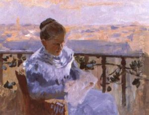 Bei Der Handarbeit Auf Der Terrasse by Gustav Bamberger
