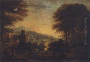 An Extensive Italianate Landscape With A Herdsman Resting In The Foreground And A Harbour Beyond