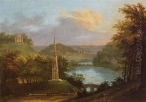 View Of The Park At Stourhead With Figures By The Monument